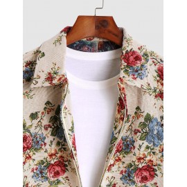 Men's Fashion Flower Jacquard Zip Up Pocket Turn Down Collar Long Sleeve Jacket
